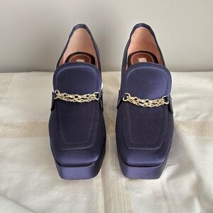 Beautiful designer satin wedged loafer style shoes, Size 40, Color Blue